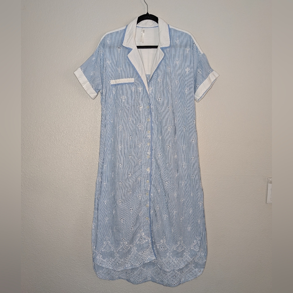 Anthropologie Blue Embroidered Coquette Cezzane Striped Eyelet Dress Nightgown M